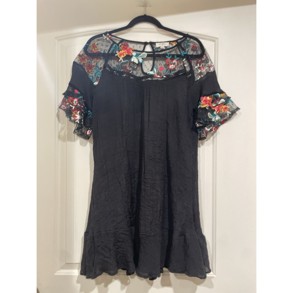 Umgee USA Floral Dress Womens Size Large Black‎ Ruffle Lace Casual